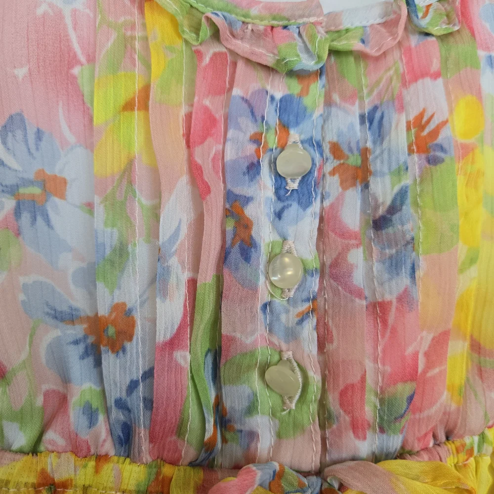 Ralph Lauren Girls Pink Yellow Floral Short Sleeve Ruffled Chiffon Dress Sz 7‎